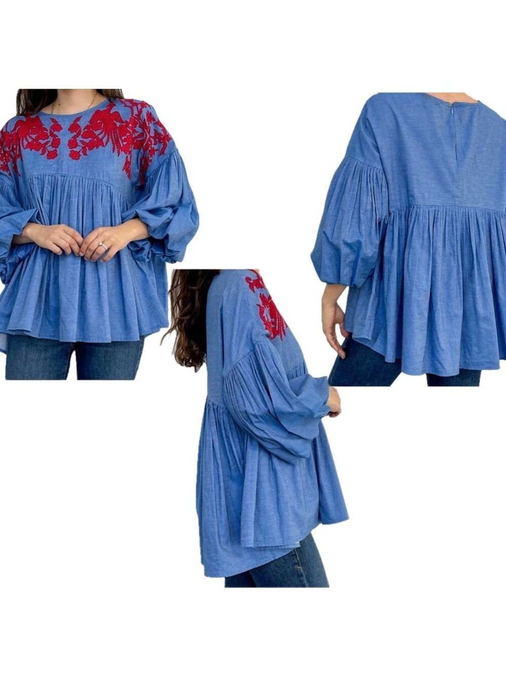 Anthropologie Hemant & Nandita Women's blue red Embroidered Lianna Top Blouse S